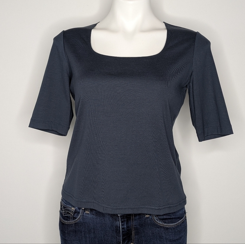 Lafayette 148 Blue 1/4 Sleeve Square Neck Top S